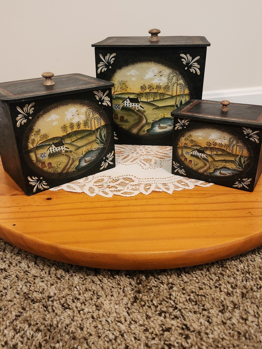 SET OF THREE Hand-Painted Primitive Folk Art Nesting Canister Set